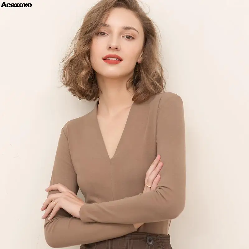 

Women's winter new V-neck long sleeve thin velvety simple presentation of solid color unlined clothing slimming