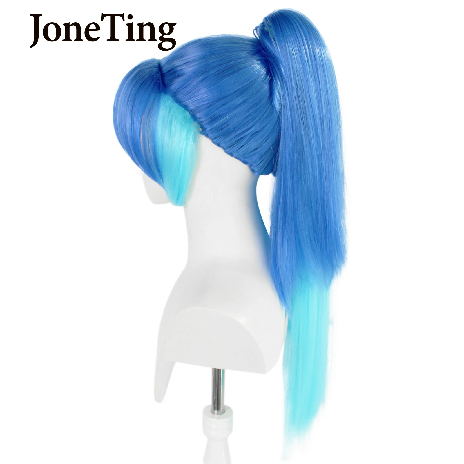 JT Synthetic Blue Long Straight Hair with Bangs Wig Lolita Light Blue Hair with Ponytails Cosplay Wig Heat Resistant Fiber Wig