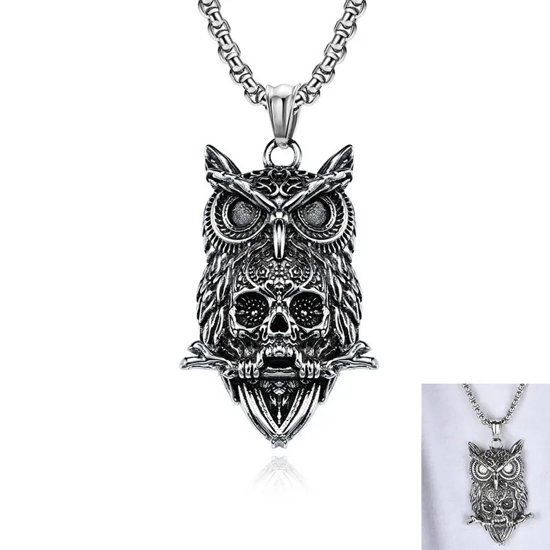 

Antique Owl Skull Pendant Necklace Punk Style Metal Owl Necklace Jewelry for Women Men Charm Party Gift