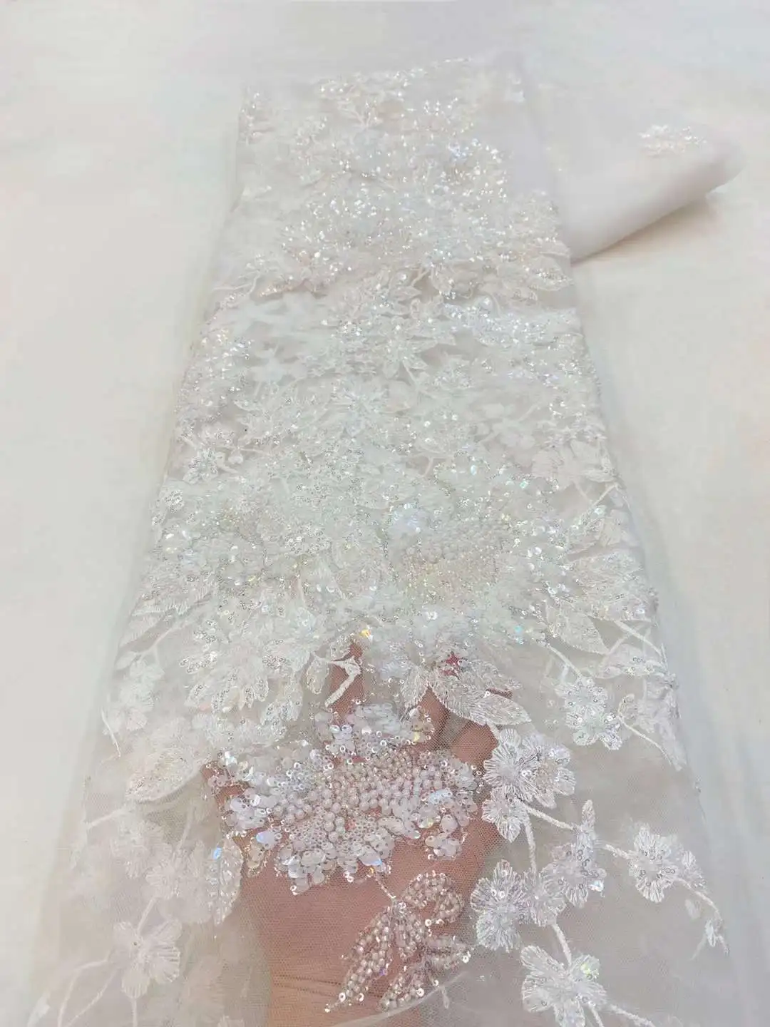 

Роскошная кружевная ткань ручной работы из бисера с вышивкой материалы 3D Африканский Дубай Жемчуг Тюль для платья кружевная ткань для шитья