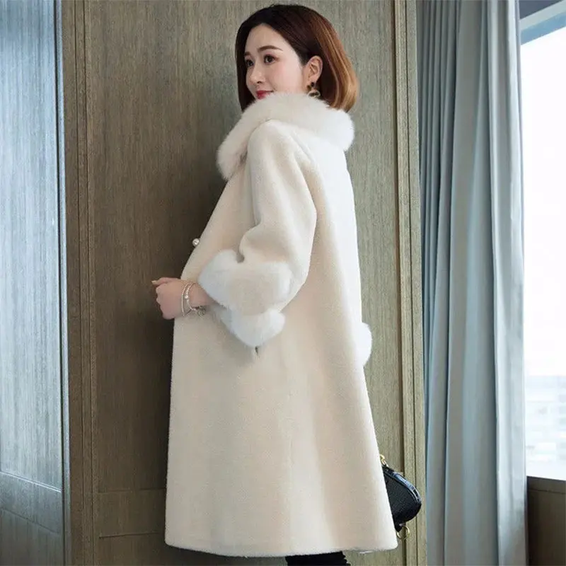 2023 Autumn Winter Faux Fur Coat Women Imitation Sheep Shear Mid-Length Big Hair Collar Loose Warm Particles Fluffy Coats Female