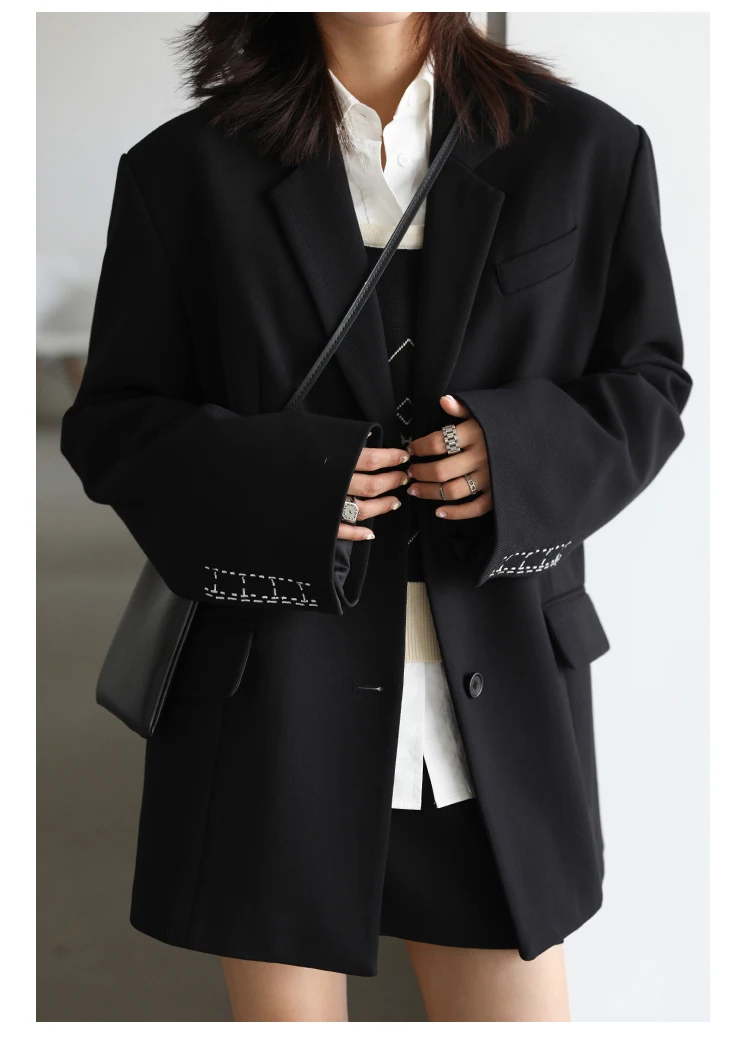 Leisure Women Office Lady Blazer Cuff Embroidery Wide Shoulder Twill Suit Women's Autumn 2023 Ladies Outerwear Stylish Tops