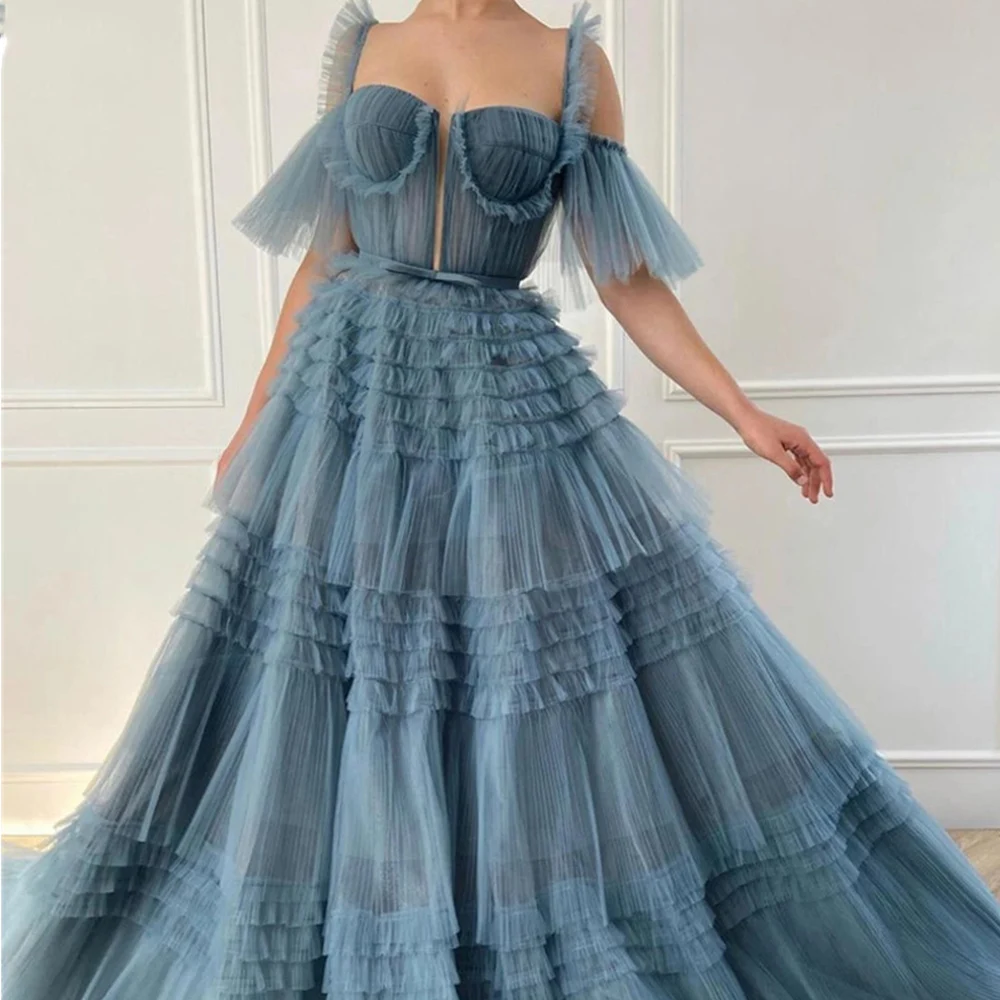 

Simple Evening Dresses For Women Square Collar Spaghetti Straps Prom Dress Tulle Sweep Train A-Line Zipper Back Robes De Soirée