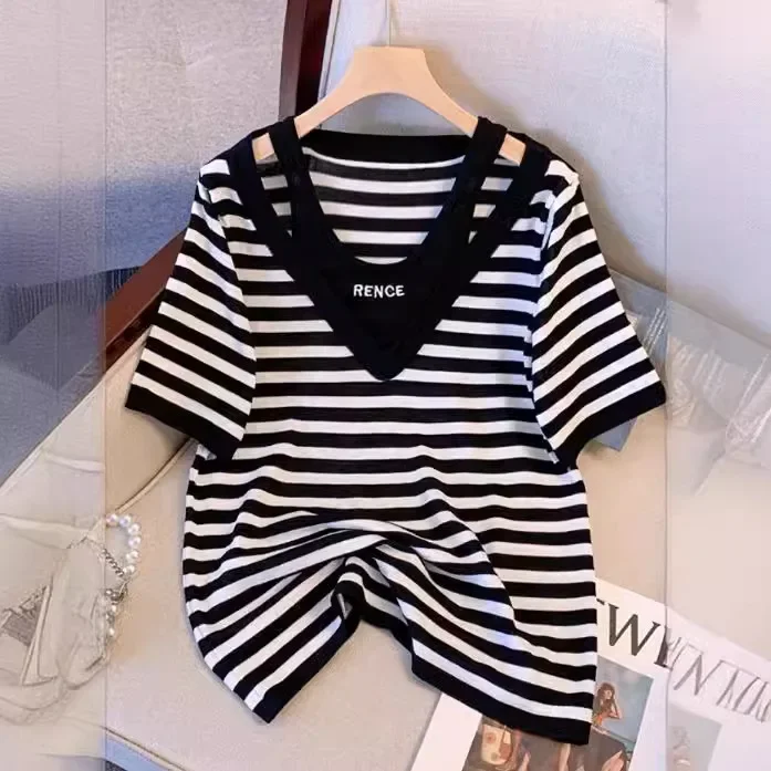 Двухсекционный вязаный топ из ледяного шелка в полоску больших размеров летний