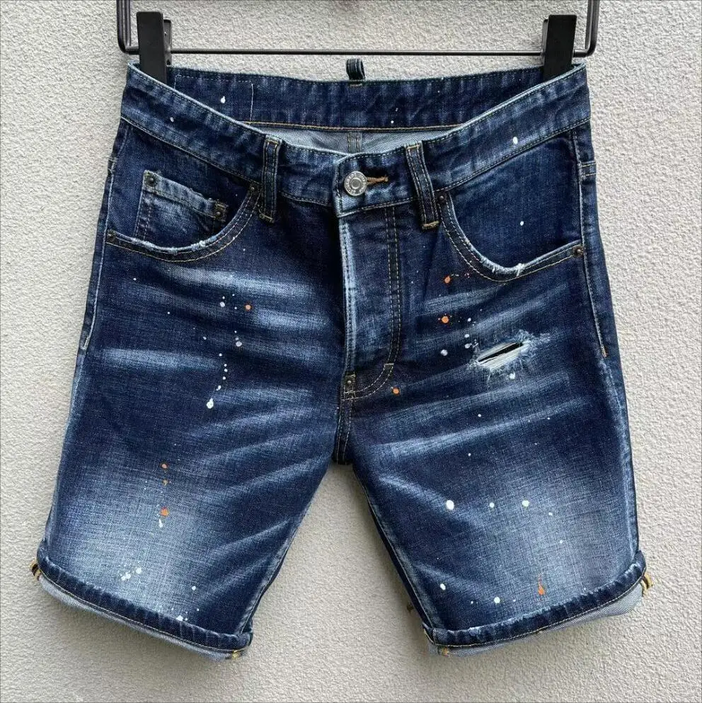 

New 2023 Men Color Splash Ink Scratched Hole Ripped Shorts Fashion Short Jeans Men Stretch Short Jeans D231#