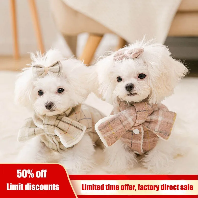 

Pet Dog Clothes Winter Woolen Coat Warm Fleece Vest For Small Dogs Classic Plaid Yorks Jackets Chihuahua Scarf Headwear Dog Item