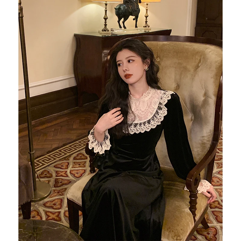 

French Black Vintage Dress Women 2021 Spring Evening Party Dress Female Casual Retro Elegant Winter One Piece Dress Korean Cute