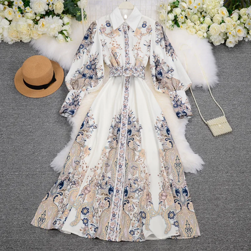 

Женское винтажное платье с пышными рукавами, элегантное приталенное длинное платье с длинным рукавом и воротником-рубашкой в стиле ретро, с...