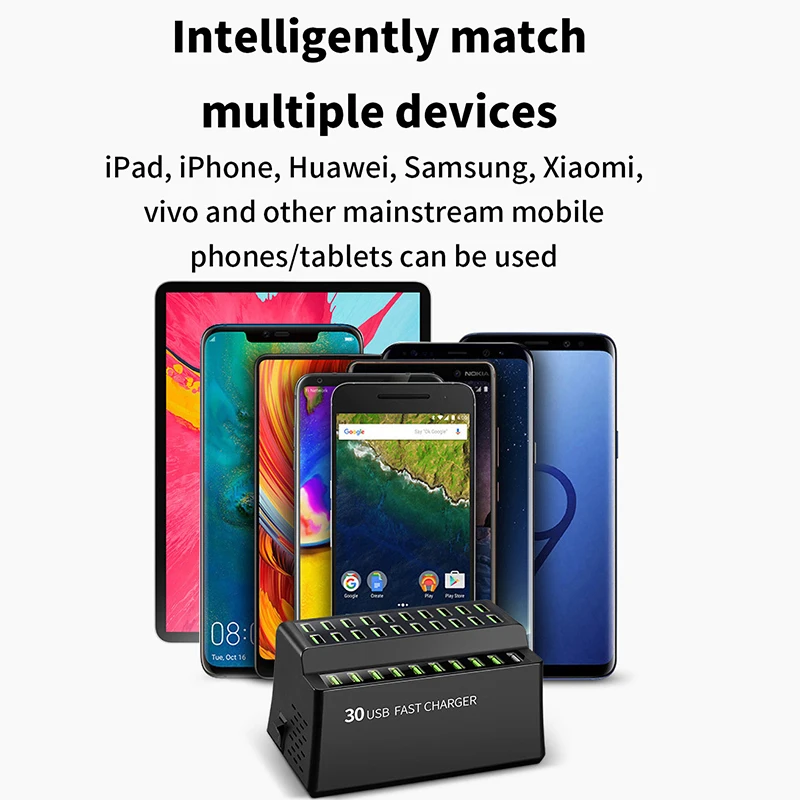 Фото TQUQ 180 Вт USB зарядная станция, 30 портов USB зарядное устройство для нескольких устройств, совместимых с iPhone,lPad,Samsung Galaxy,Note,LG Phone №3