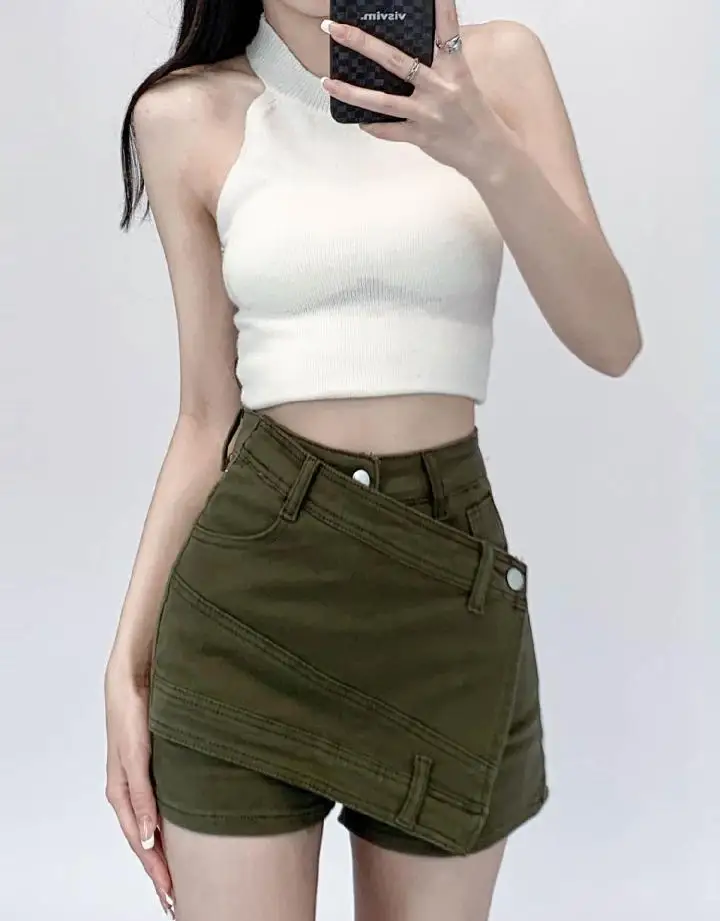 Women's Summer INS Spicy Girl A-line Pants Slim Fit High Waist Skirt Wide Leg Hot Pants High Quality Military Green Denim Shorts