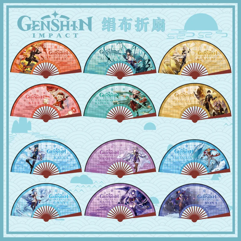 

New Game Anime Genshin Impact Folding Fan Figure Zhongli Xiao Kaedehara Kazuha Kaeya Cosplay Prop HandFan Two Sided Decor Paper