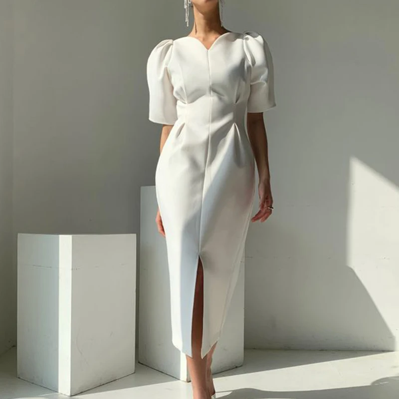 

JSXDHK Fashion Designer Summer Dress Chic Elegant Runway Women V Neck Puff Sleeve White Bodycon Slim Waist Split Long Dresses