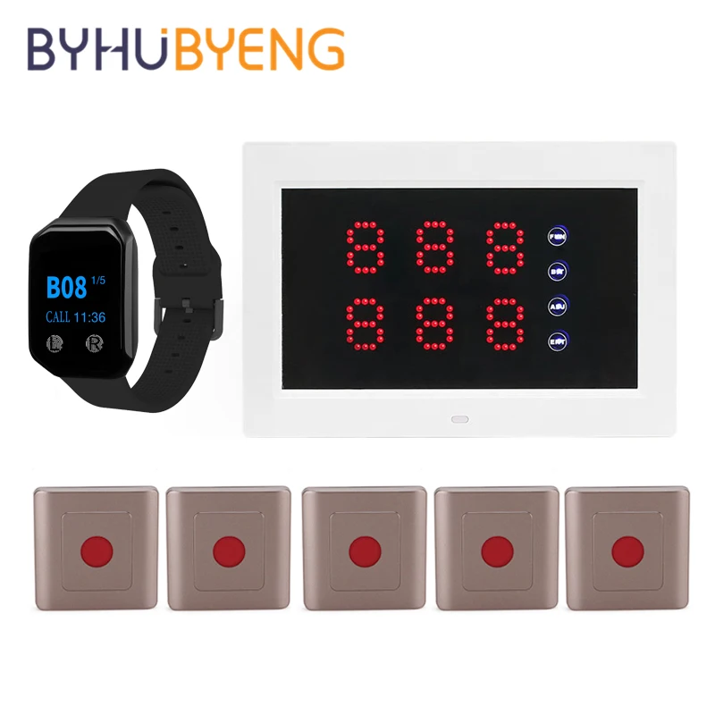 BYHUBYENG Restaurant Pager Wireless Waiter Calling System Watch Receiver Call Button Transmitter LED Screen Combo
