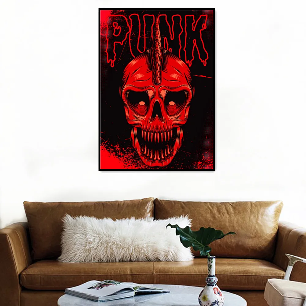 

Red Skul Punk Rock Music Posters and Prints Metal Art Canvas Paintings Wall Hanging Pictures Wall Sticker Living Room Decoration