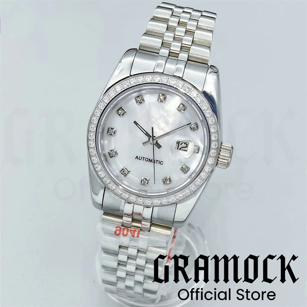 Фото Роскошные женские часы Gramock 31 мм с декором и бриллиантами NH05, двухцветный золотой корпус, сапфировое стекло, солнечные лучи, фиолетовый, серый циферблат, римский индекс №3