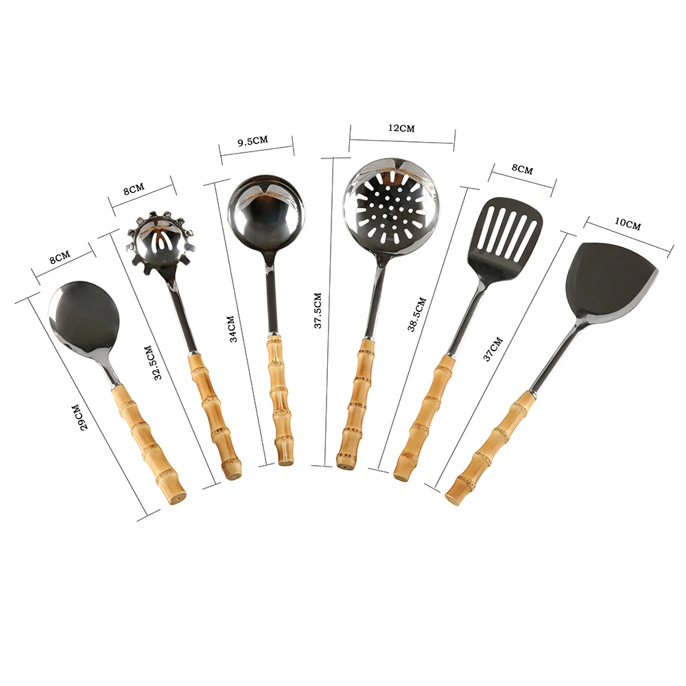 6PCS Stainless Steel Basting Brush Whisk Tong Turner Spatula Scoop Ladle Soup Serving Spoon Bamboo Root Silicone Kitchenware - купить по