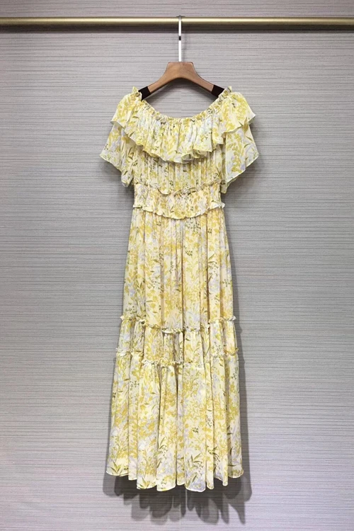 

2022 new women fashion short sleeve ruffle floral print slim off shoulder maxi dress casual dress 620