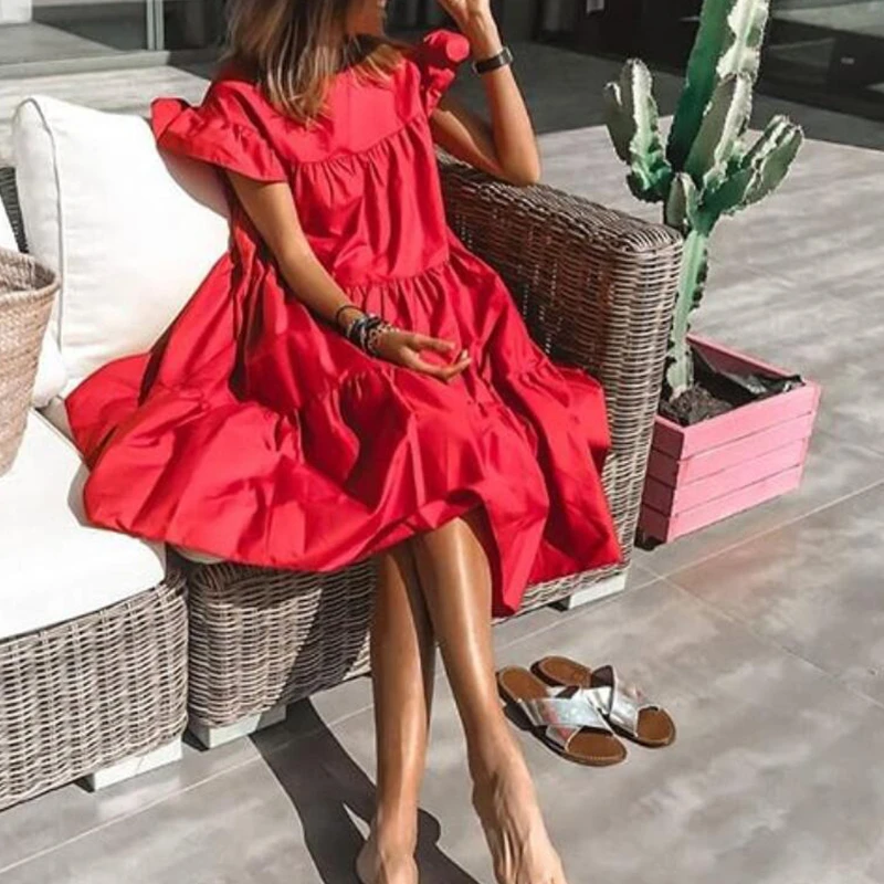 

Летнее повседневное пляжное платье с расклешенным подолом, женское однотонное модное милое мини-платье с оборками на рукавах и круглым выр...