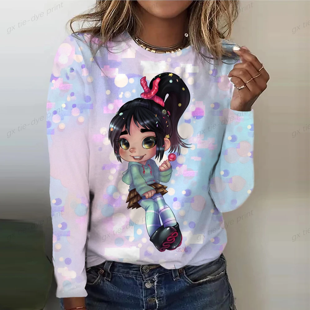 

Женская футболка с длинным рукавом, круглым вырезом и мультяшным принтом