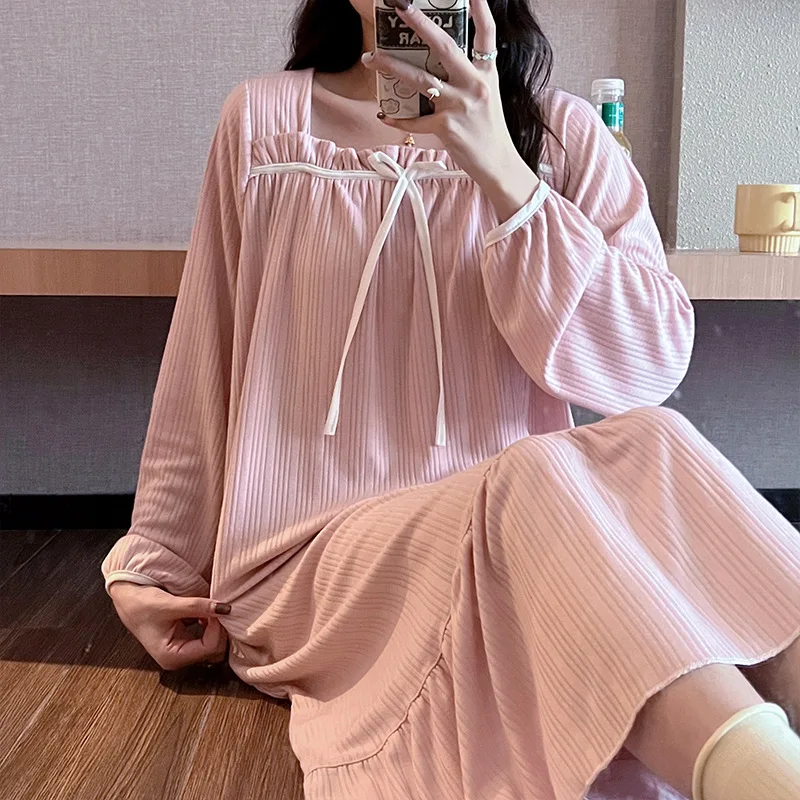 2023 New Spring and Autumn Milk Puddle Stripe Loose Leisure Fashion Comfortable Long Nightdress,Sleepwear and Homewear for Women