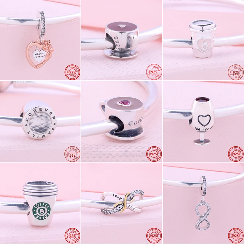 

Fit Original Pandora Charms Bracelet Women DIY Jewelry Authentic 925 Sterling Silver Forever Love Coffee Wine Cup Family Beads