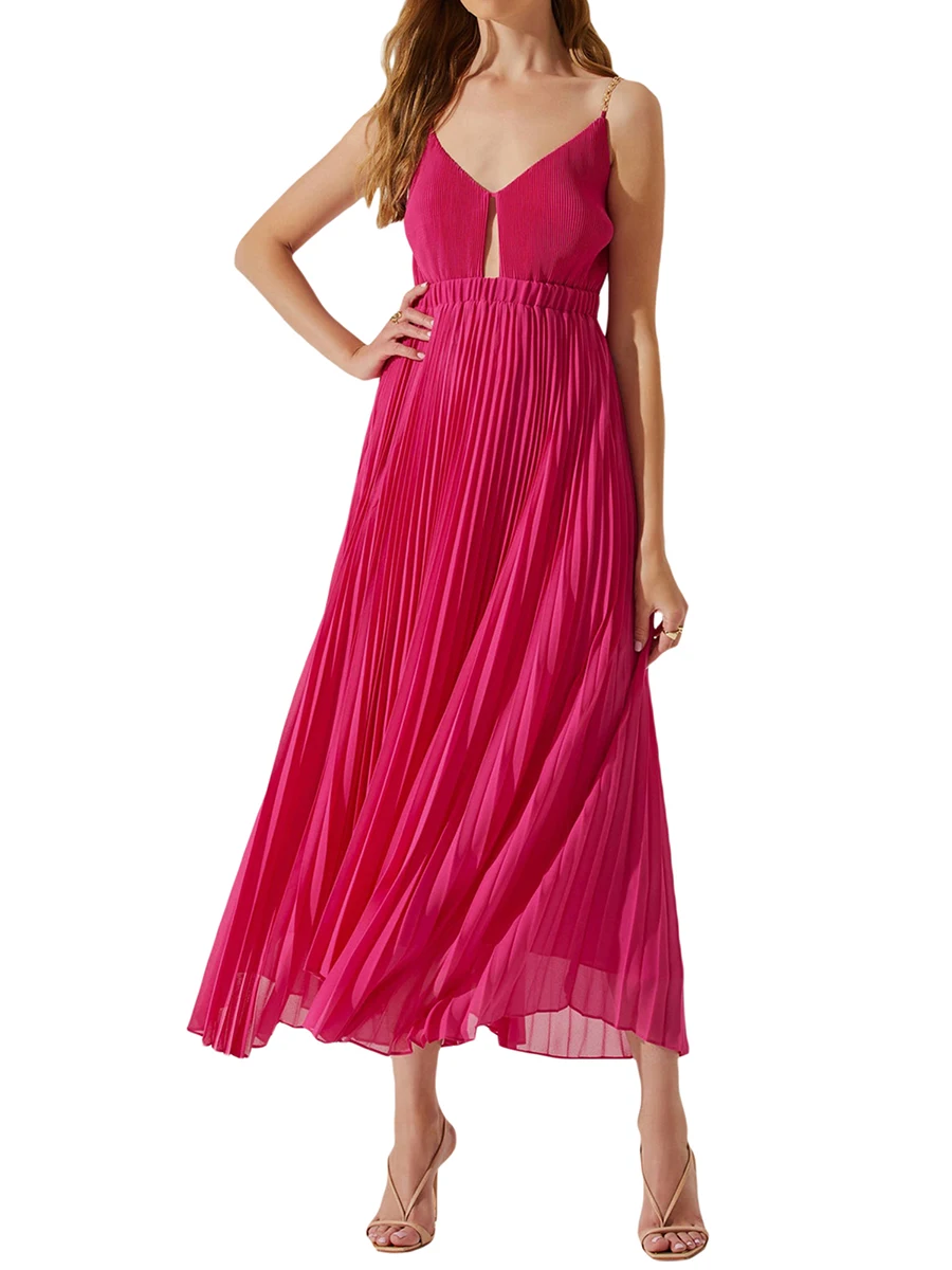 

Women s Cami Pleated Maxi Dress V-neck Plunging Long Dress Solid Floral Print Flowy Flare Dress Cocktail Party