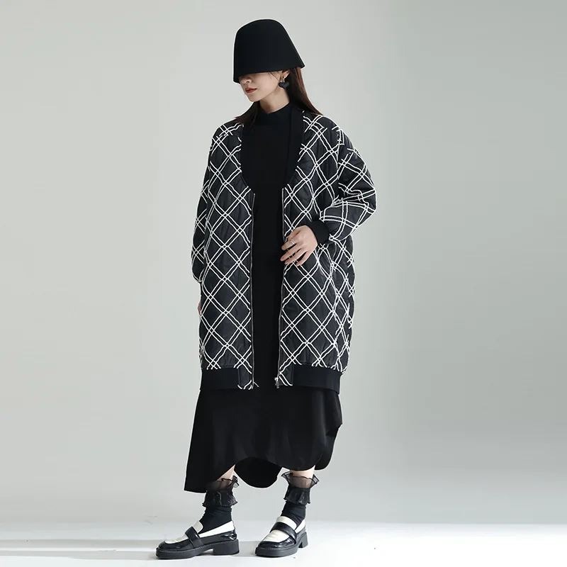 Rhombus V-Neck Black Medium-Length Cotton Jacket Design Sense Loose Lazy Wind Ming Line Collision Color Cotton Jacket Female