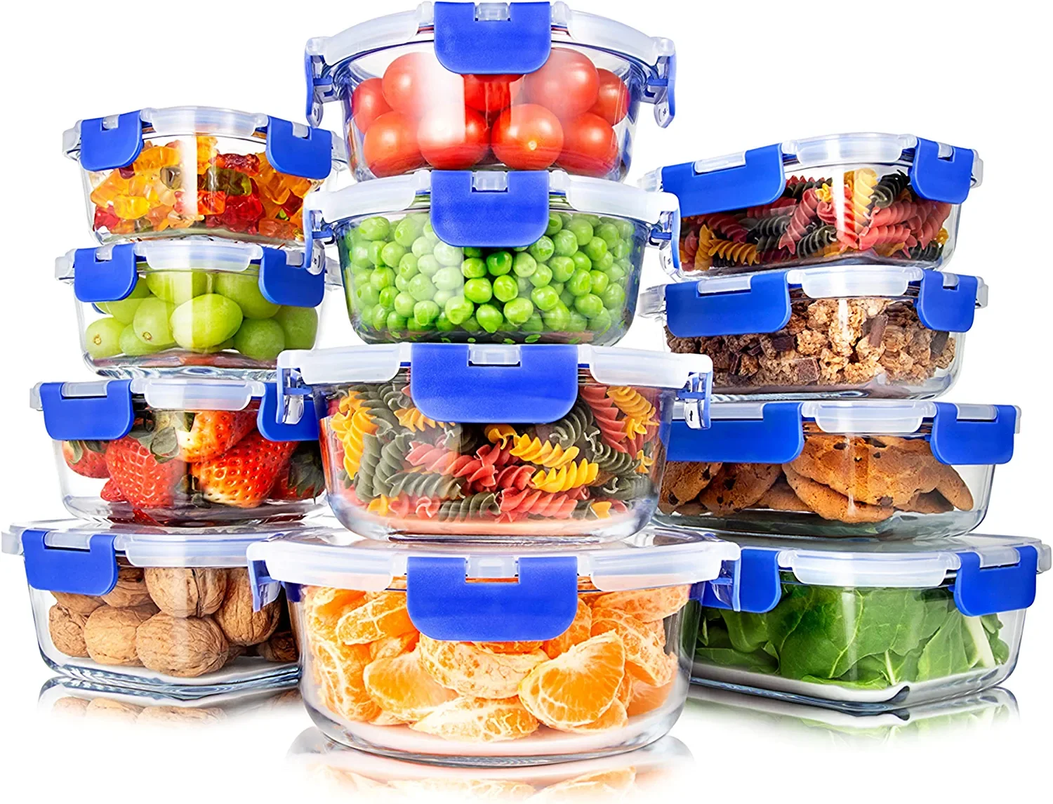 

24-Piece Glass Food Storage Containers - Stackable Design, Blue