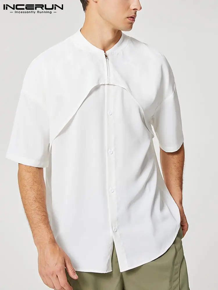 

INCERUN Men Casual Shirt Solid Color Short Sleeve Button 2022 Leisure Camisas Zipper Personality Streetwear Summer Men Clothing