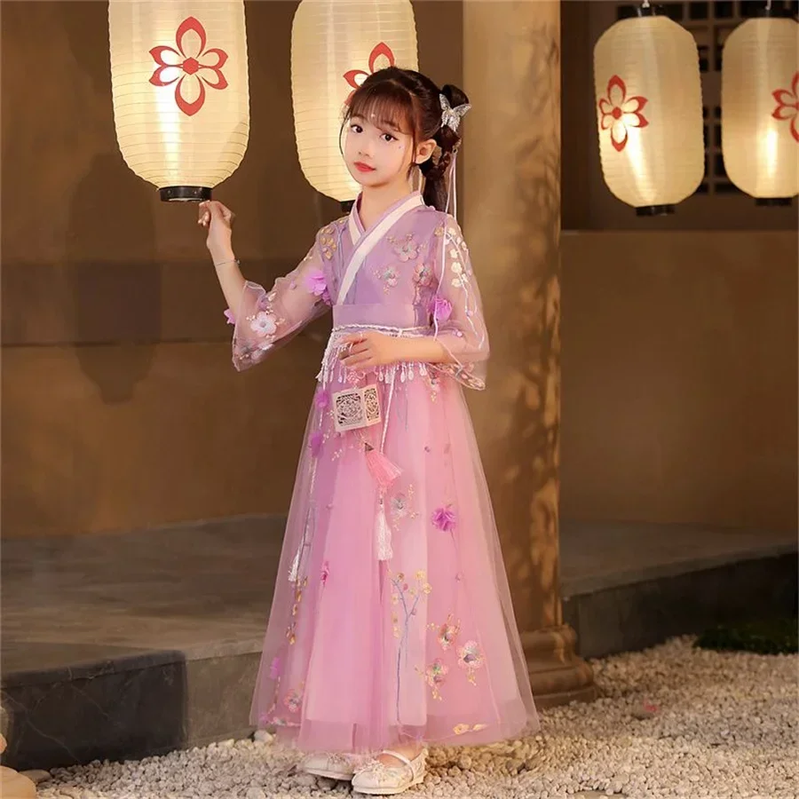 Hanfu estilo chino para niña плаdo antiguo superhada falda Coreana manga larga paraembali y verano novedad