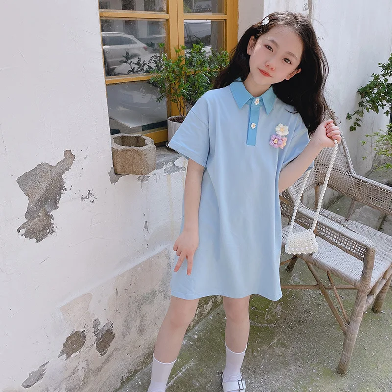 

Детское летнее платье, одежда для маленьких девочек, хлопковое синее милое платье с отворотом и коротким рукавом