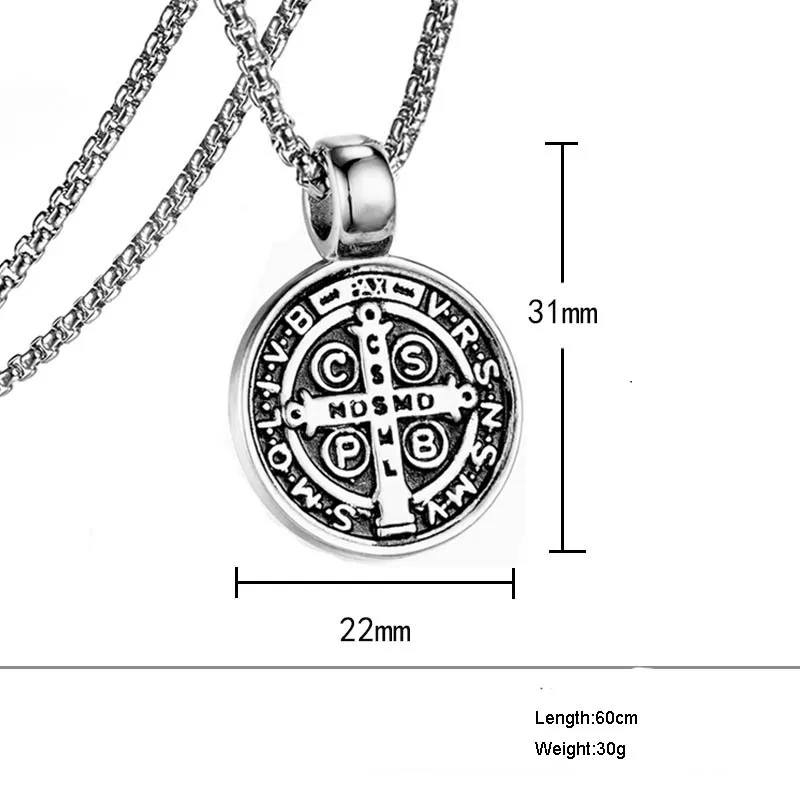 Vintage St. Benedikt Exorzismus Frauen Männer Halskette Runde Anhänger Edelstahl 24 Zoll Kette Katholischen Römischen Kreuz Dämon Halsketten – Detail 4