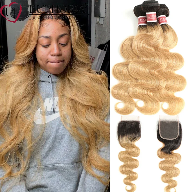 

1b/27 Ombre Blonde Body Wave Bundles With Lace Closure 4x4 1b/30 Hair Brazilian Human Hair 3 Bundles With Lace Closure Euphoria