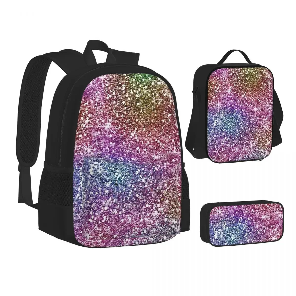 

Радужный Блестящий текстурный рюкзак для мальчиков и девочек, сумка для книг, детские школьные сумки, мультяшный Детский рюкзак, сумка для ланча, сумка для ручек, набор из трех предметов