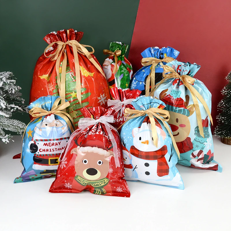 

5pc Christmas Drawstring Gift Bags Home Decor Plastic Bag For Gifts Reusable Storage Pouch Christmas Party Decoration Supplies