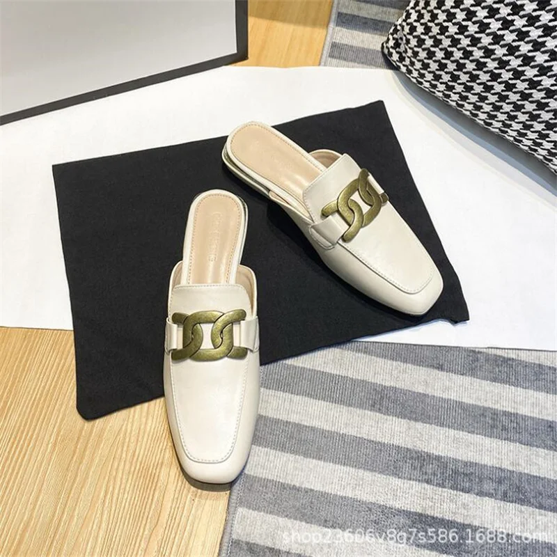 

2022 New high quality Women's Slippers Metal Button Baotou Half Slippers Women Sashion Casual Shoes Sandals