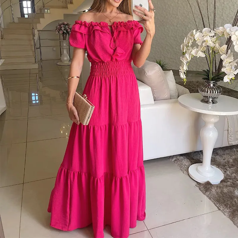 

Women Slash Neck Maxi Dresses Summer Solid Off The Shoulder Short Sleeve Ruffles Elegant Dresses Female Beachwear Holiday Style