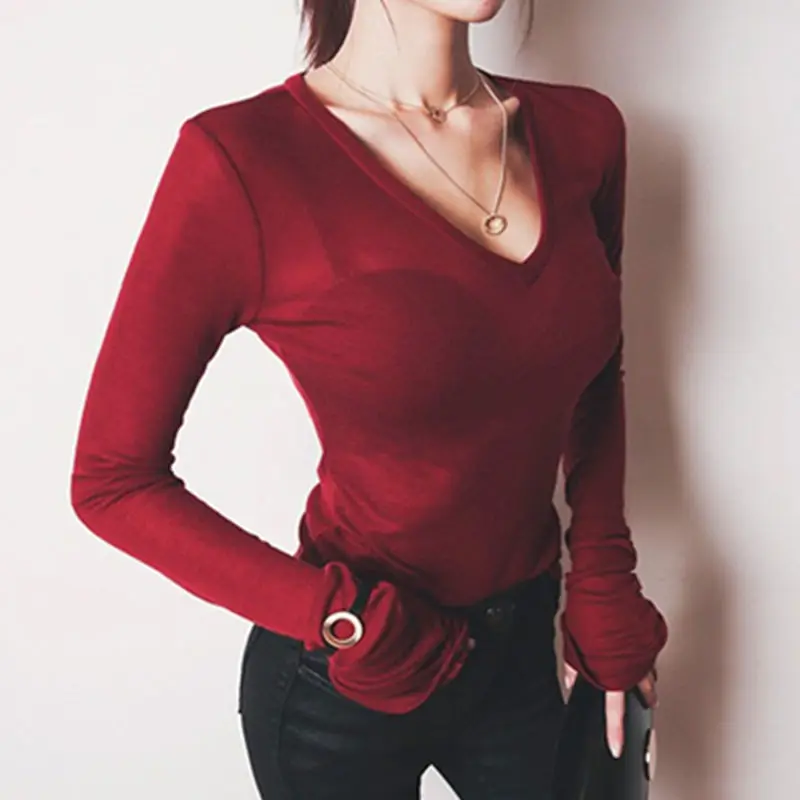 

Elegant Tops Burgundy Women's T-Shirt With Long Sleeve Stitch Korean Fashion Woman Blouses 2022 Spring Summer Clothes V-Neck