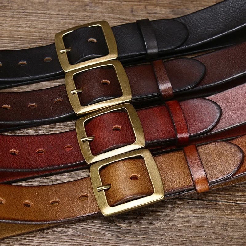 For Men Solid Brass Copper Pin Buckle Belts Male Strap For Jeans 3.8cm Width Thick Retro Cowhide Genuine Leather Belt