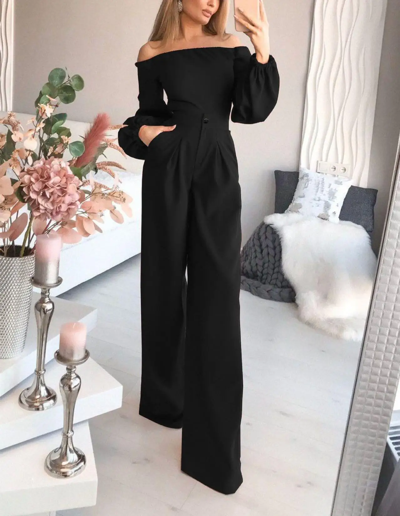 CFJS-008 2022Y New Arrival Elegant Slash Neck Jumpsuit Fashion Solid Color Women Jumpsuit Ladies Casual Commuting Wear Trouseres