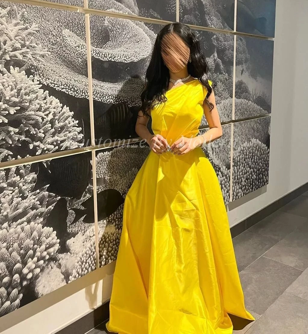 

Yellow Taffeta Long Prom Dresses One Shoulder Floor Length Saudi Arabic Women Prom Gowns Formal Party Dress
