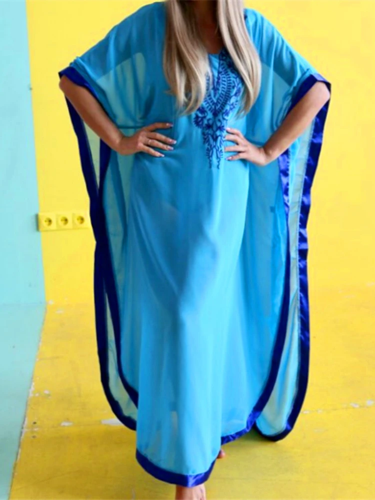 2022 Plus Size Blue Embroidered Summer Beachwear Chiffon Kaftan Beach Woman Tunic Bath Dress Robe plage Swim Wear Cover Up #Q746 | Женская