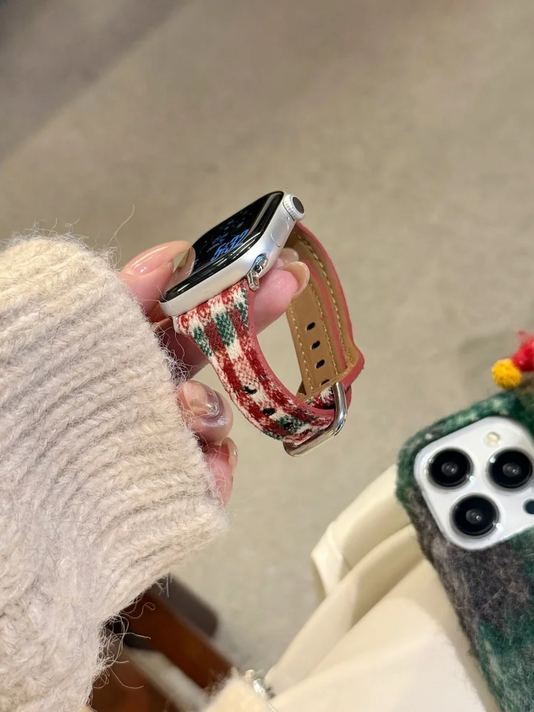 Фото Шерстяной кожаный ремешок в стиле ретро для iWatch Ultra 11 10 9 8 7 6 5 Se 4 Рождественский ремешок для Apple Watch 40 мм 41 мм 42 мм 44 45 мм 46 мм 49 мм №3