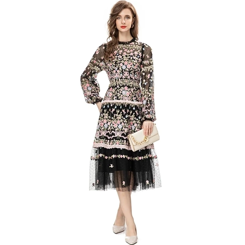 QMQA модные женские элегантные роскошные платья с длинным рукавом сетчатое платье