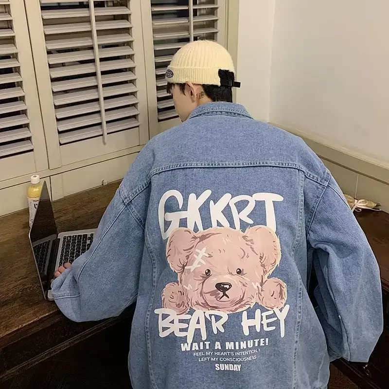 2023nicheloose-fit джинсовая куртка с принтом медведя для мужчин модная осенняя