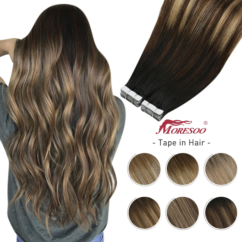 

Moresoo Tape in Hair Extensions Natural Straight Remy Hair 20PCS 14-24inch Real Human Hair Invisible Adhesive PU Skin Weft Tape
