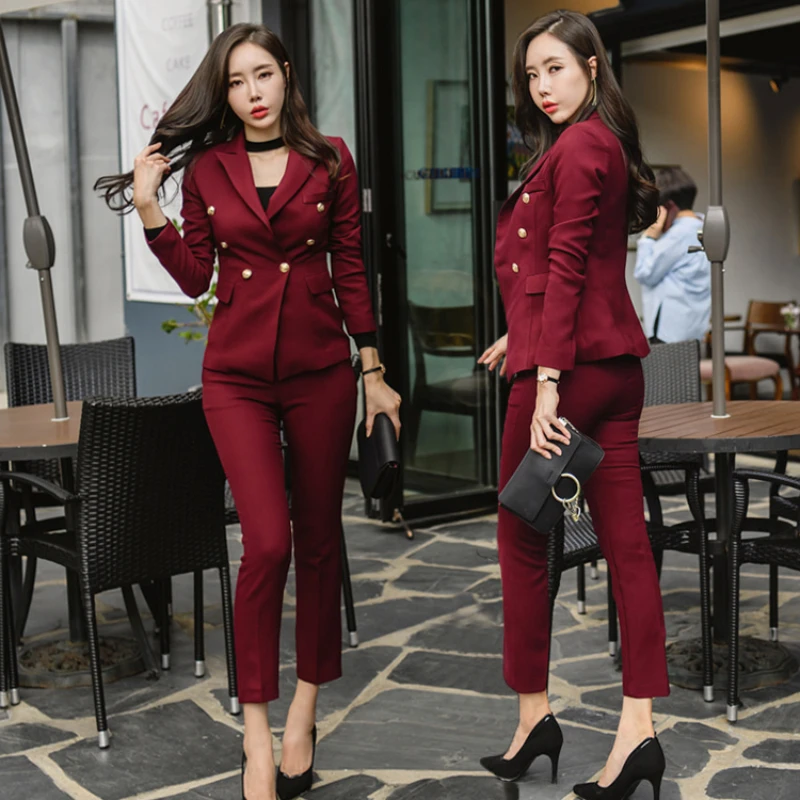 

Women's Autumn and Winter New High-end Temperament Lapel Long Sleeve Double Breasted Slim Fashion Coat + Pants Professional Suit