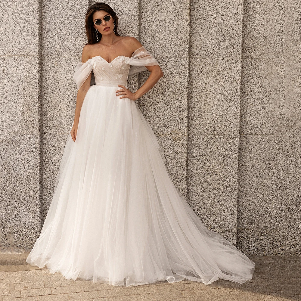 

Charming 3D Flower Lace Wedding Dress Off The Shoulder A Line Bride Dresses Glitter Pearls Boho Wedding Gown Vestido Novia 2023