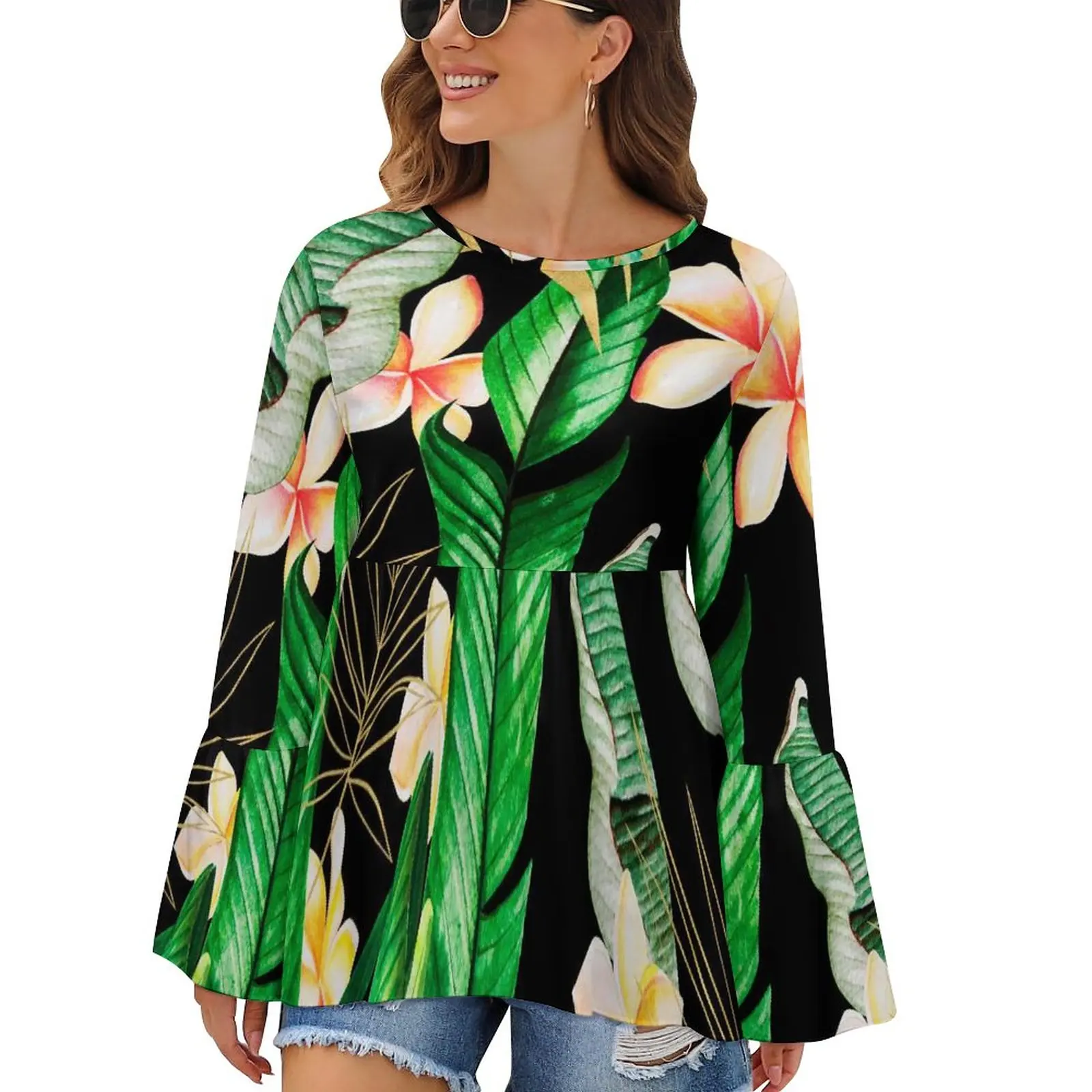 

Jungle Palm Leaves T Shirts Tropical Forest Flower Print Pretty T Shirt Women Long Sleeve Korean Style Tops Hot Oversize Tees