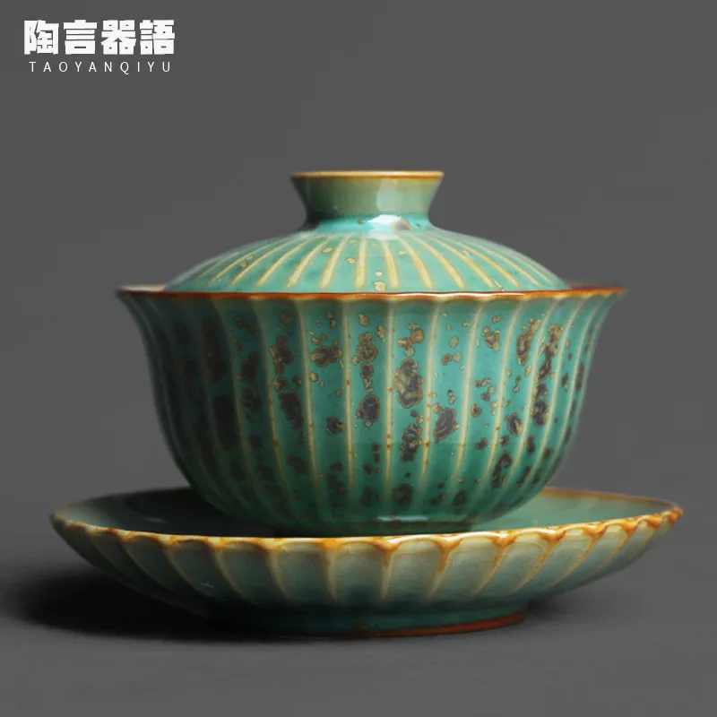 

Yuzhou Jun Kiln Gaiwan Raw Ore Oil Drops Tianmu Crystalline Gold Spot Kung Fu Tea Ceremony Wide Mouth Hand Grip Tea Brewing Bowl